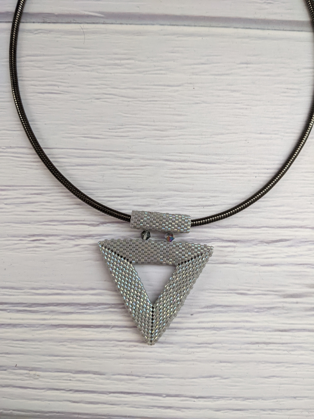 Iridescent Silver & Gold Triangle Beaded Pendant Necklace - Picture 7 of 9
